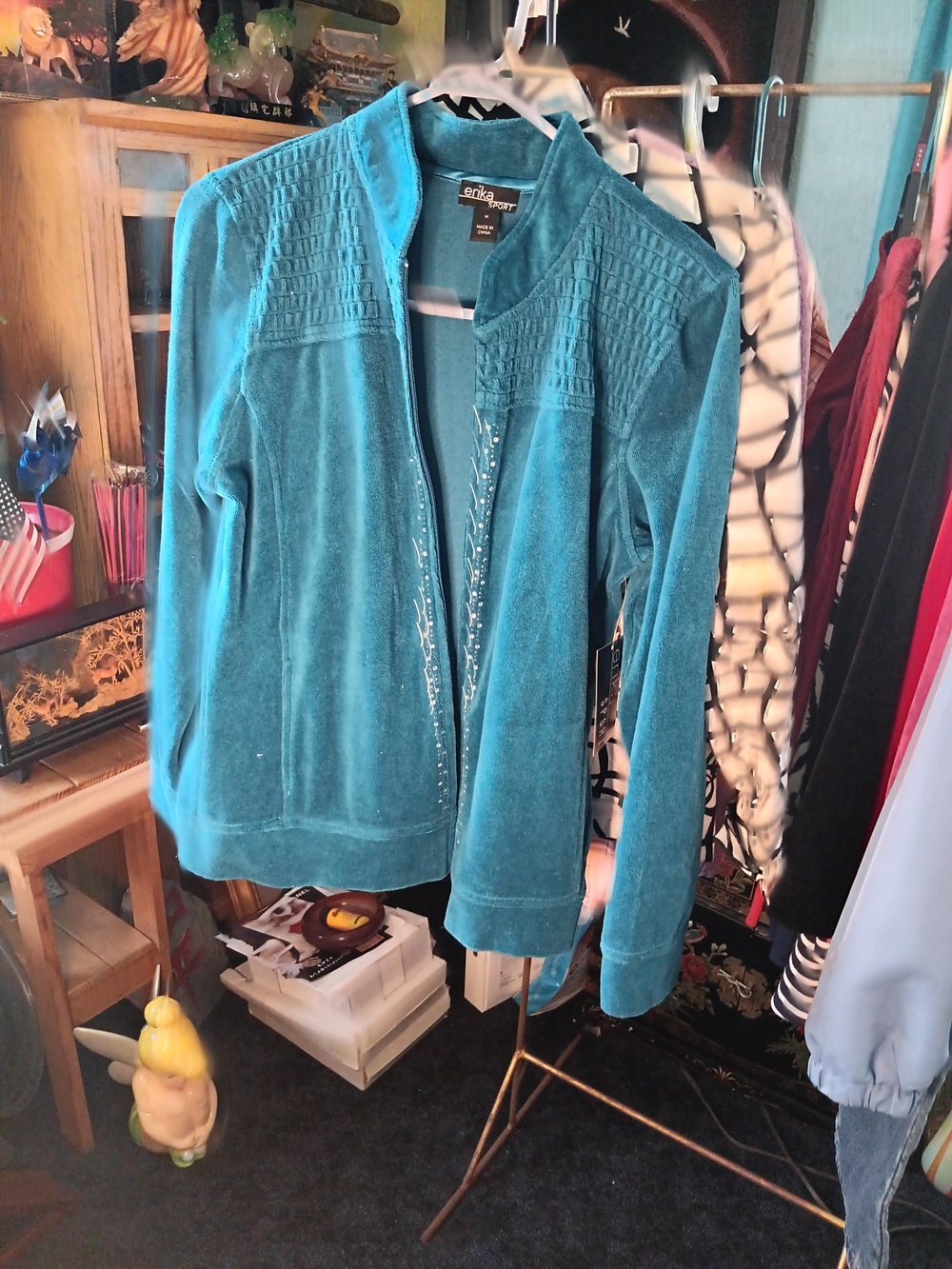 Erika Teal Velour Zip-Front Jacket